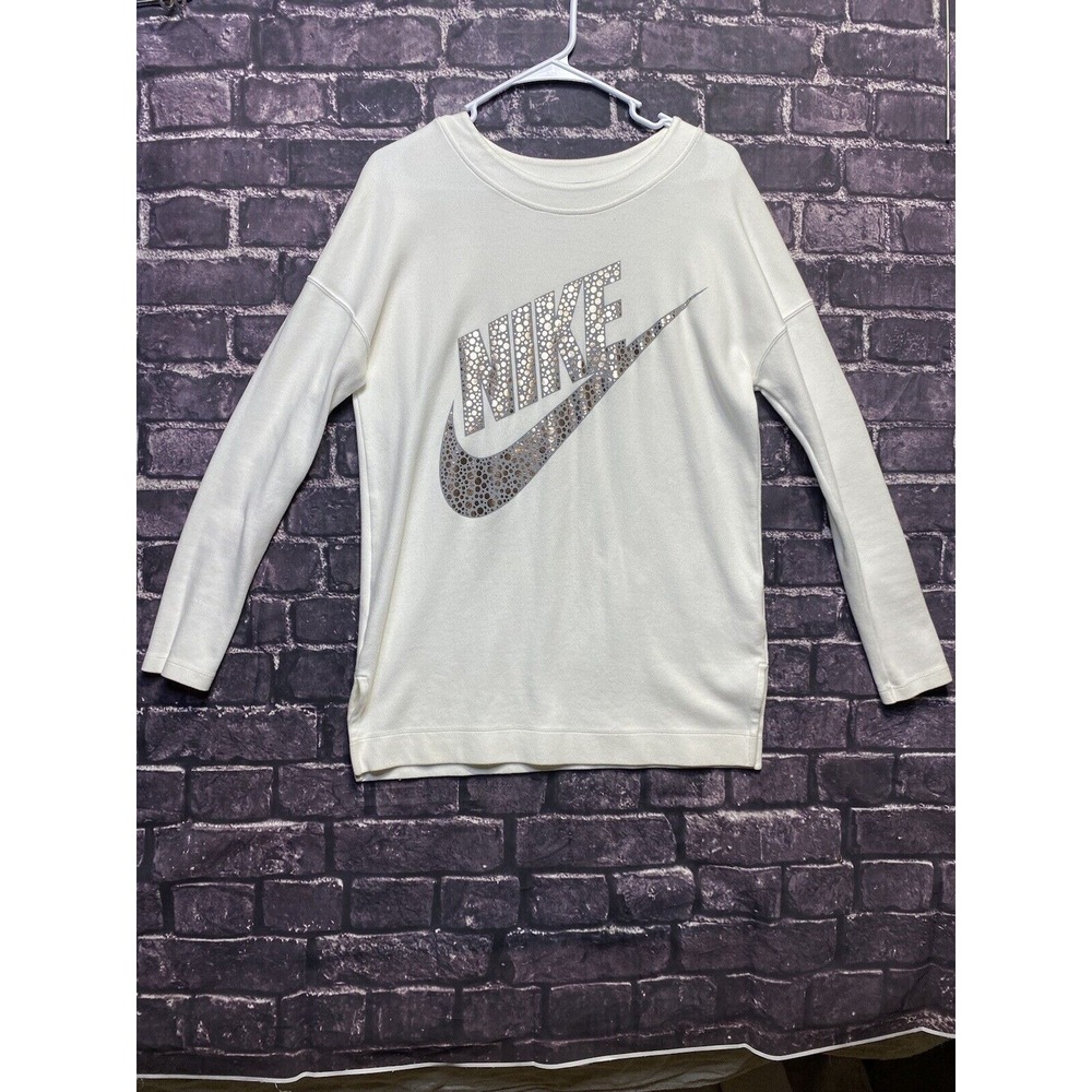 Nike Sweatshirt Women Small White Rally Metallic Fleece 652 Long Sleeve Gym Yoga